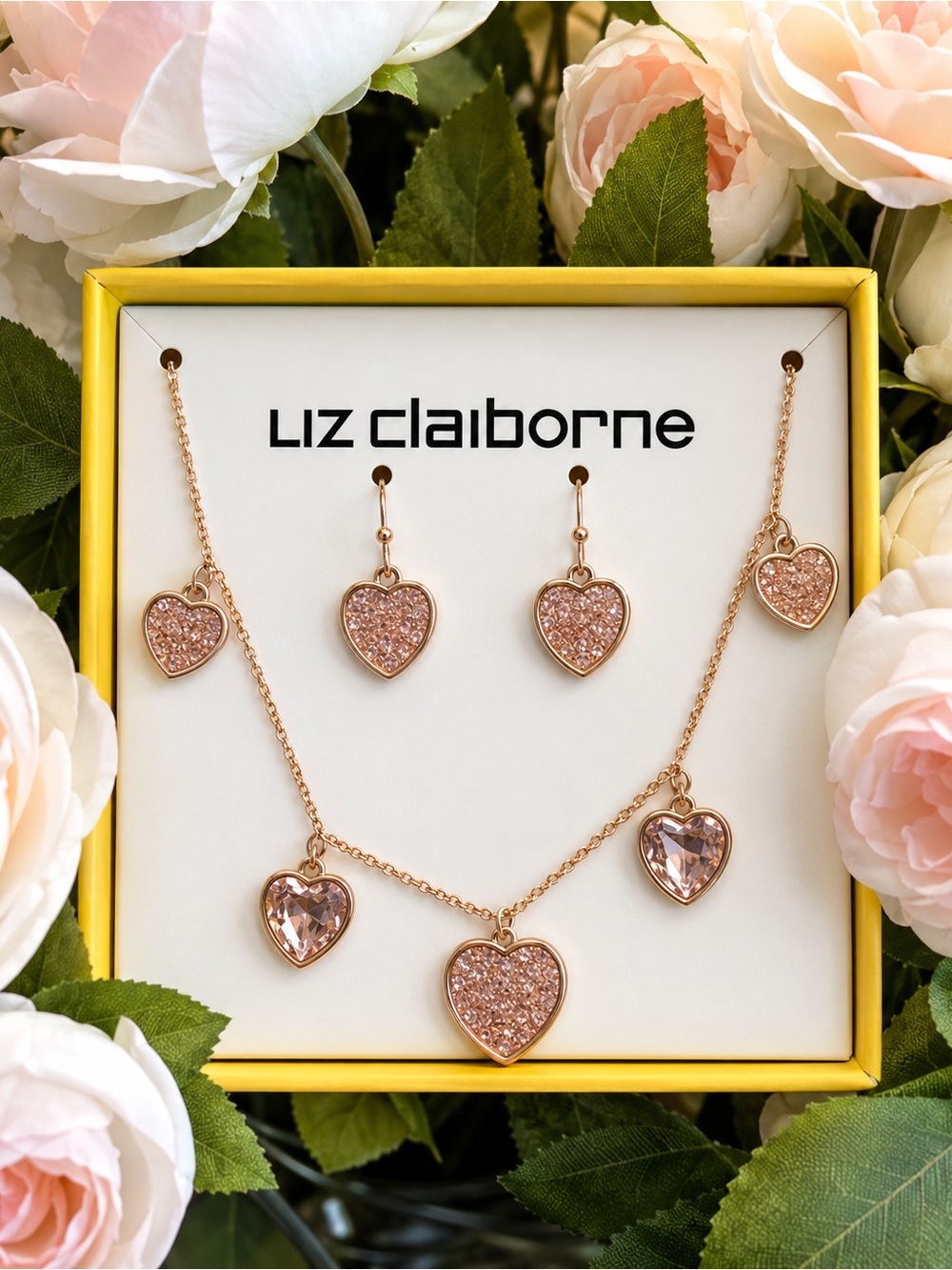 Liz Claiborne Rose Gold Pink Heart Necklace & Earring Set